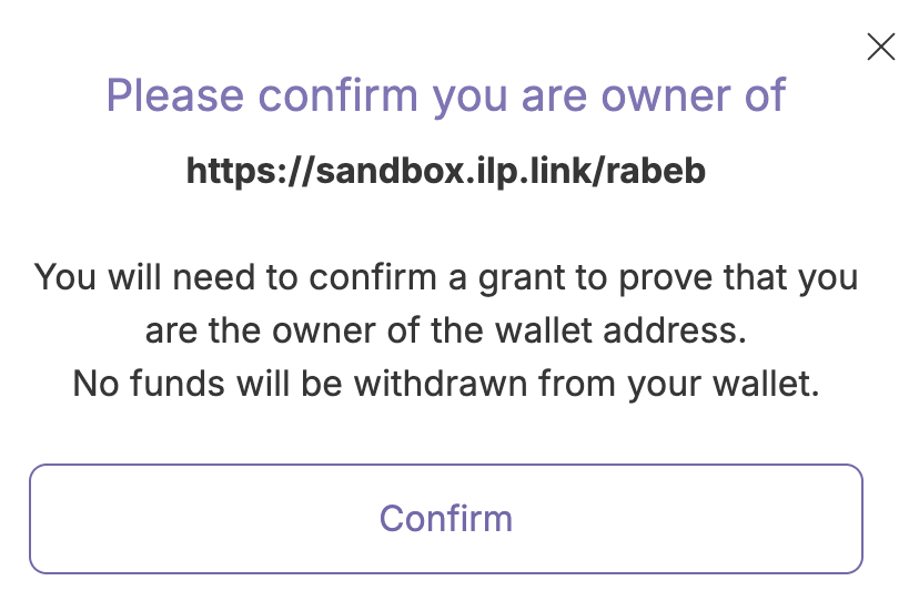 Confirmation prompt showing wallet address and confirm button