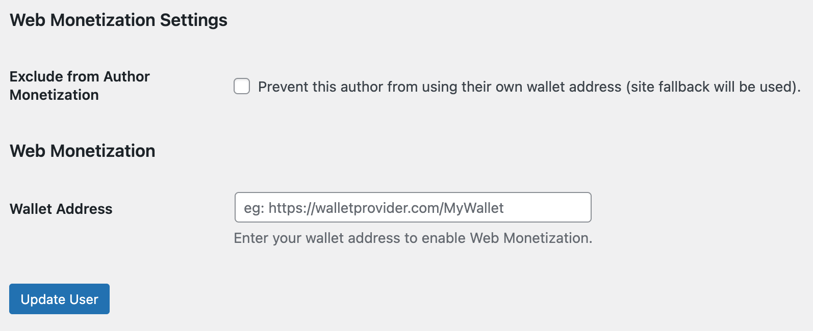 Web Monetization settings in a user profile. The option to exclude the user from monetization and a field for the wallet address are shown